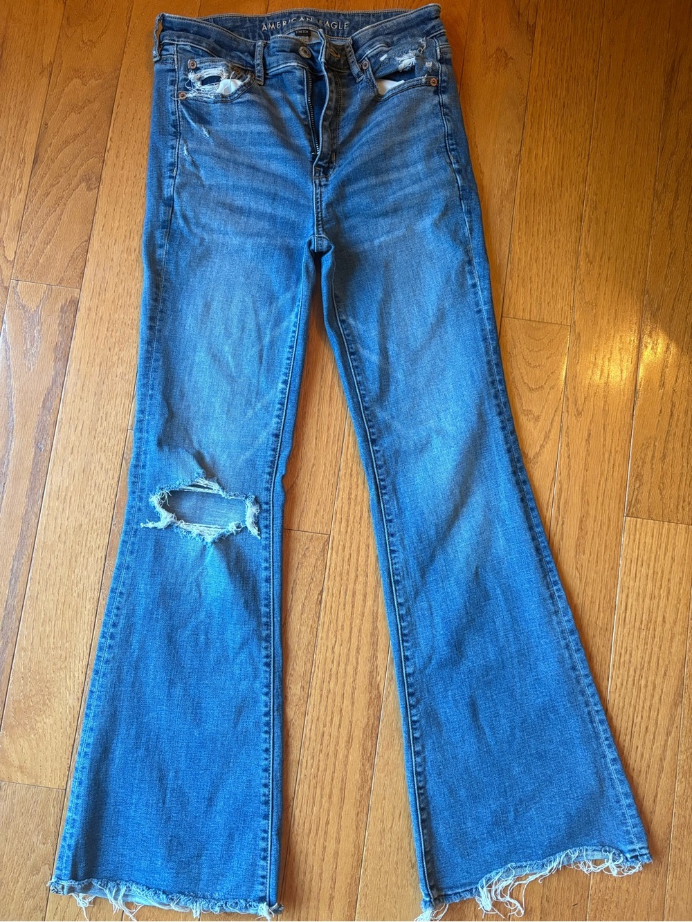 American Eagle Outfitters Blue Distressed Flare Jeans with Frayed Hem